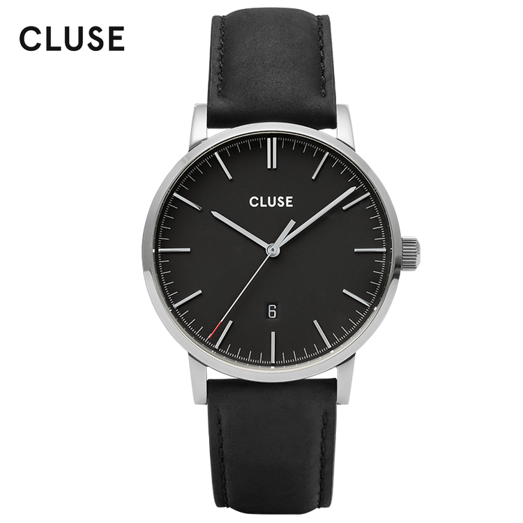 cluse男士手表新款艾瑞维斯40mm纯色皮质表带石英表黑色银色黑色