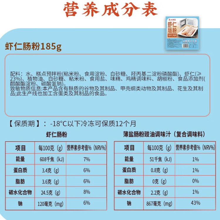 广州酒家利口福 虾仁肠粉185g 方便速冻拉肠  懒人儿童早餐 广式茶点早点 菜管家商品