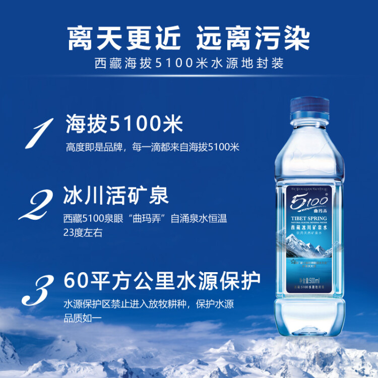 5100西藏冰川矿泉水500ml*24瓶 整箱装 天然纯净高端弱碱性矿泉水 菜管家商品