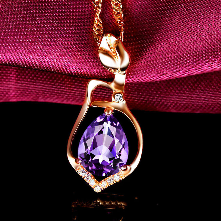 高仿紫水晶镶嵌锆石玫瑰金色项链女