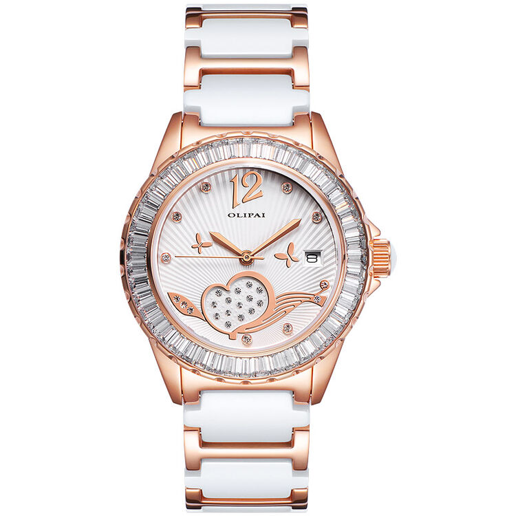 欧力派(olipai)手表女表时尚白色水钻石英表防水陶瓷女士手表jt9065
