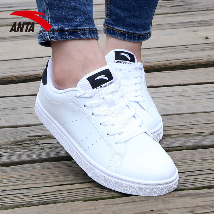 安踏女鞋休闲板鞋2018新款学生韩版时尚简约小白鞋运动鞋 安踏白/黑