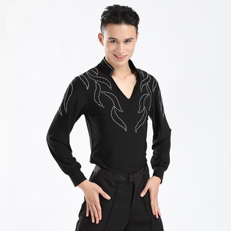 秋冬新款男士拉丁练功舞服v领长袖表演出上衣成人拉丁舞比赛服装 黑色
