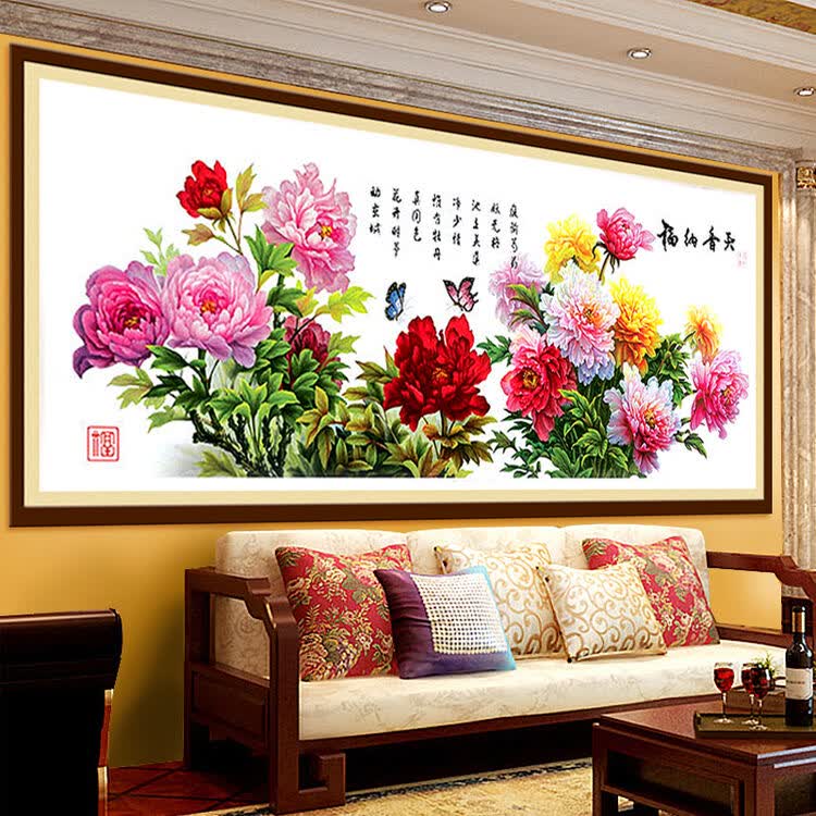 山文(saven)花开富贵系列天香纳福牡丹印花十字绣装饰画 手工成品丝线