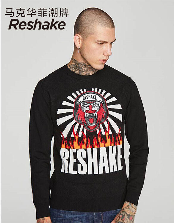 马克华菲潮牌男装reshake 2018冬季男士狒狒刺绣圆领套