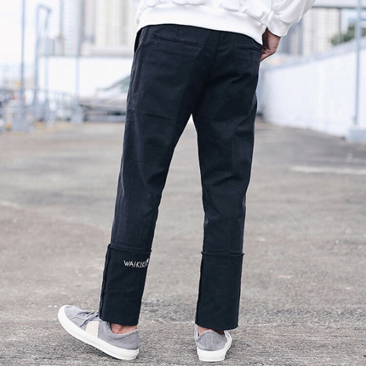 古莱登秋季新款男士卷边裤脚字母刺绣小直筒休闲裤潮 黑色 s