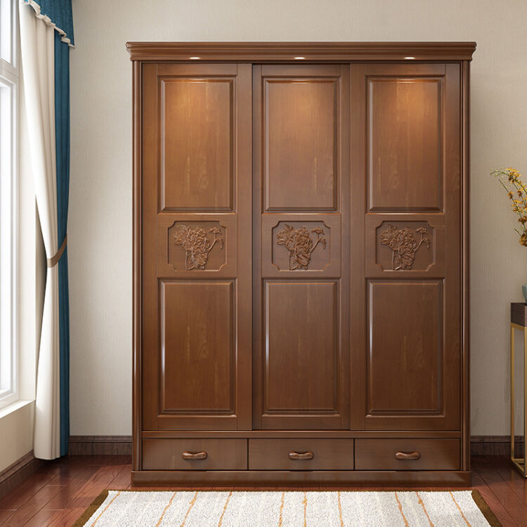 实木衣柜三门衣柜卧室衣橱现代简约中式卧室家具 胡桃色 三门衣柜