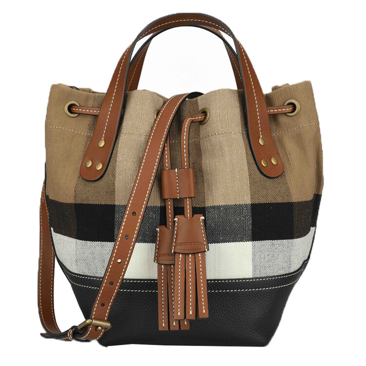 burberry 巴宝莉 女士黑棕色棉麻格纹手提单肩水桶包 40495541
