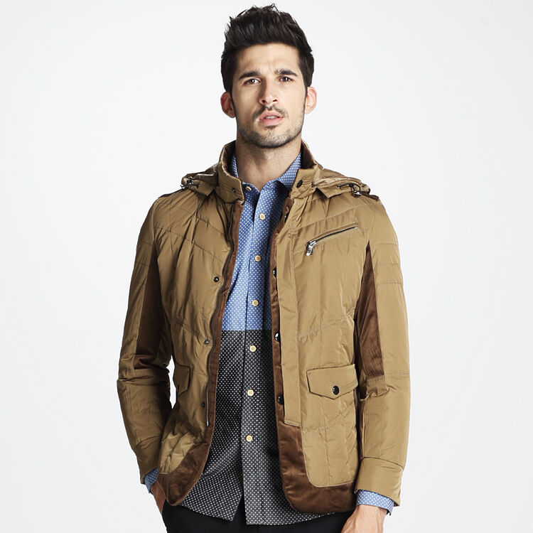 富绅virtue 天鹅绒拼接中长款可拆帽男士轻薄羽绒服保暖外套 00ed404m