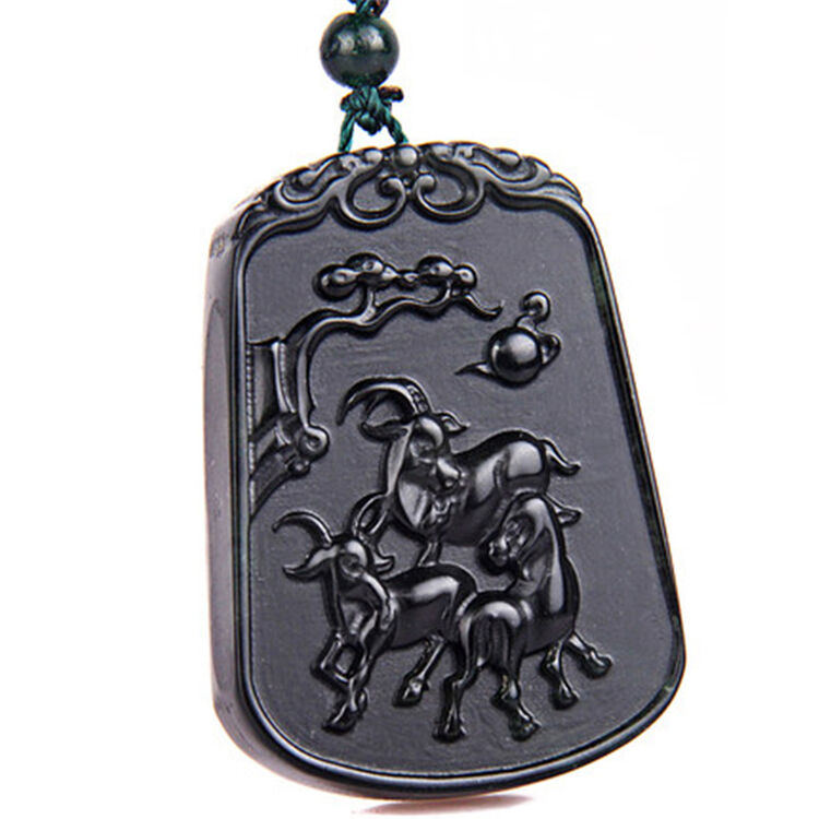 玉中山 泰山墨玉三羊开泰吊坠配饰玉石雕刻属羊吉祥物挂件 红色可调节