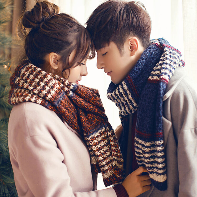 舒美姿围巾男女冬新款情侣围巾针织毛线加厚长款围脖 橘黄*单条价格