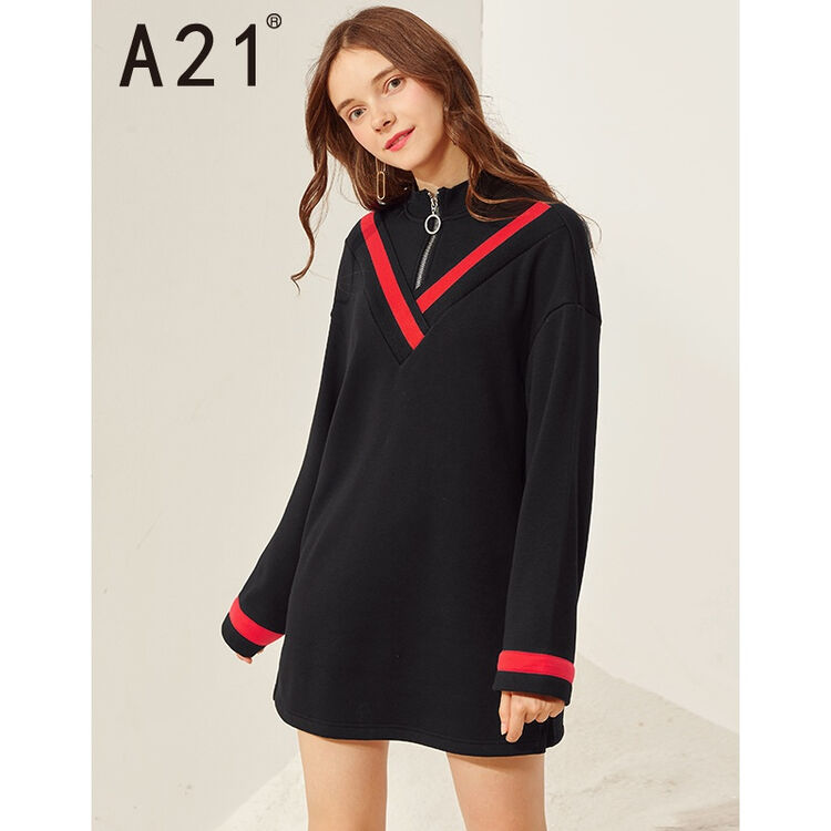 a21以纯线上品牌2017冬季新品假两件连衣裙女装 宽松半高领短款裙子