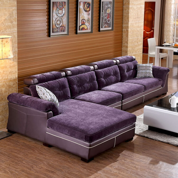 简约现代大小户型时尚转角客厅家具 可拆洗皮布沙发 深紫色 双位 贵妃