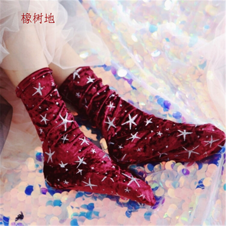 橡树地新款星空袜丝绒弹力中筒长 女士袜子 闪亮堆堆袜 袜子女 酒红