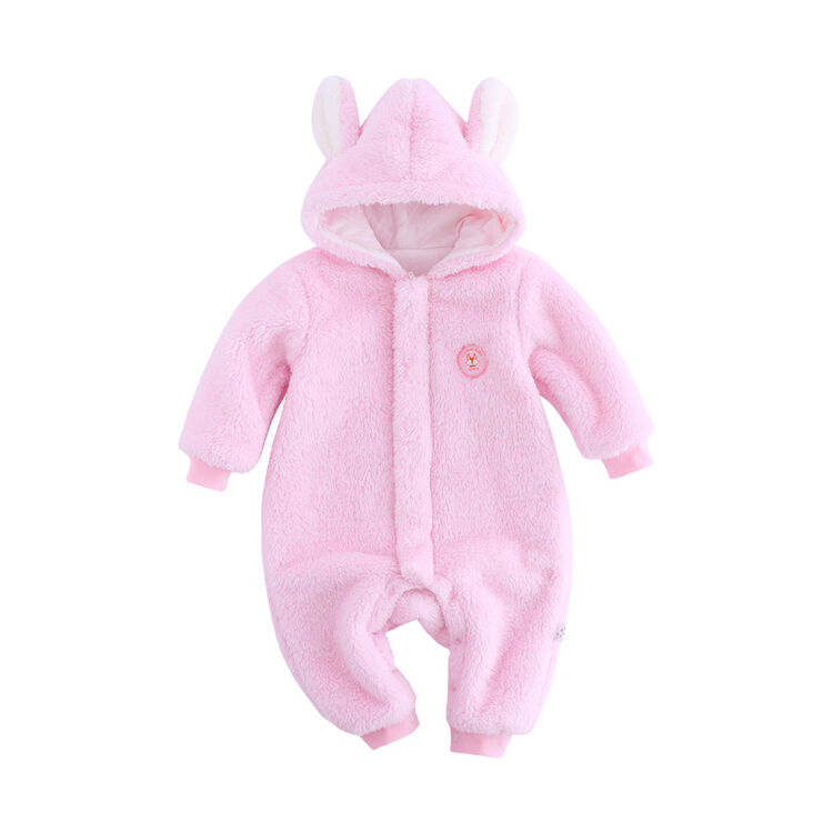 宝然婴儿连体衣秋冬装纯棉加厚保暖连帽男女宝宝棉衣袄0-3岁5437 粉红