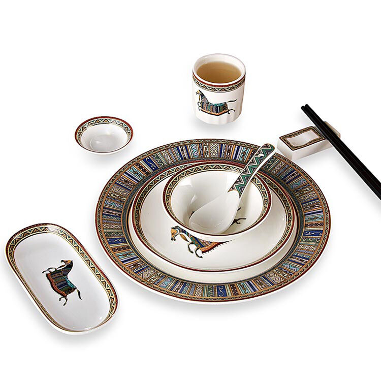 tntlove 中式民族风格金边布纹马酒店用品摆台餐具陶瓷一套盘碗套装 8