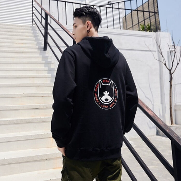 bombi&sonos 刺绣哈士奇连帽卫衣男女情侣街头潮牌帽衫 黑色 s