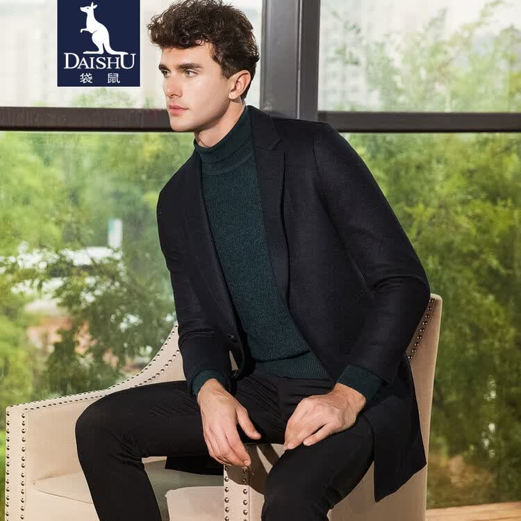 袋鼠冬季新款中长款双面毛呢大衣男韩版修身潮流男装呢子风衣外套ds6