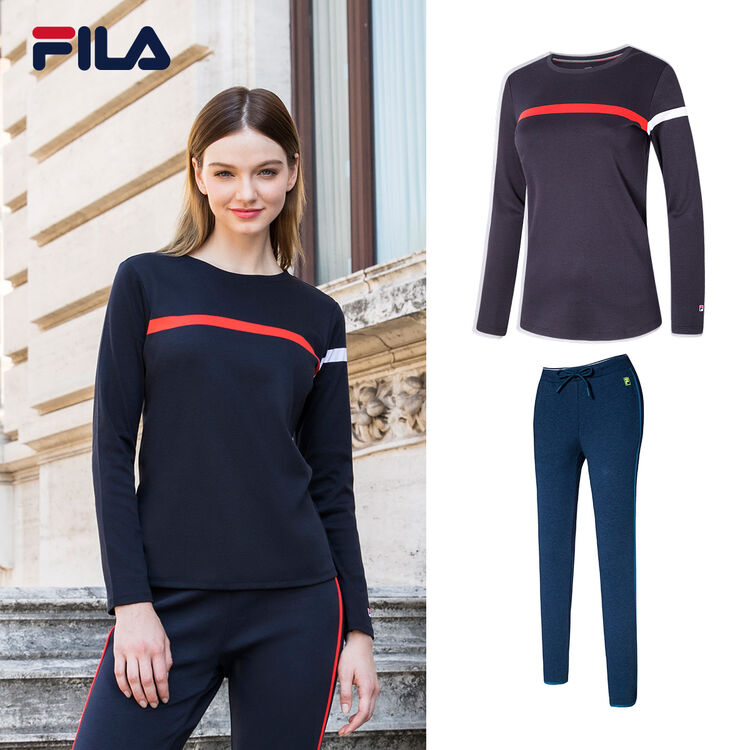 fila斐乐女运动套装2017冬新款运动服速干透气长袖t恤跑步套装女