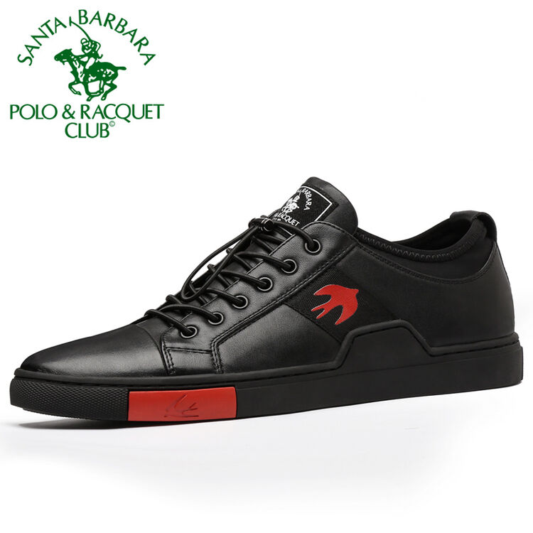 圣大保罗男鞋英伦男士休闲皮鞋男真皮头层牛皮低帮板鞋 黑色(四季款)