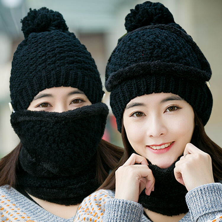 帽子女冬天韩版骑车风针织帽加绒围脖口罩帽冬季护耳保暖线帽 黑色