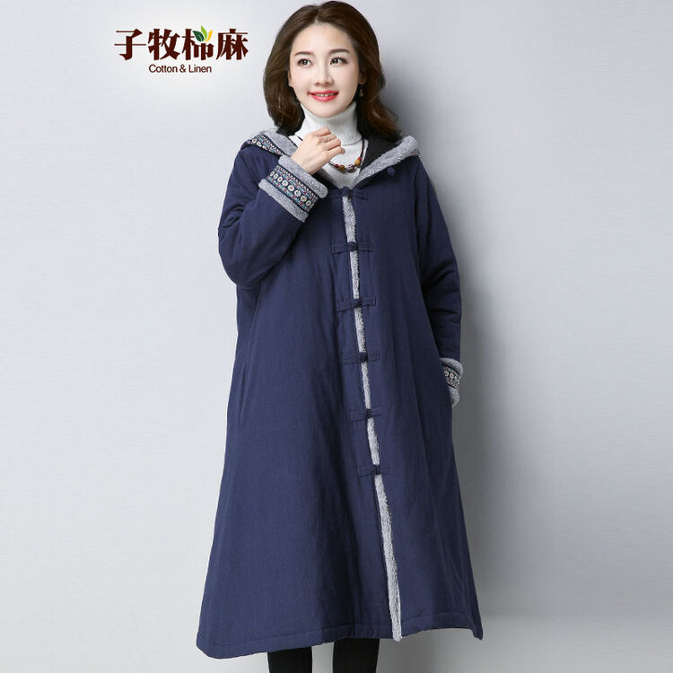 子牧棉麻2017冬季新款文艺复古民族风宽松大码盘扣带帽长袖棉衣3803