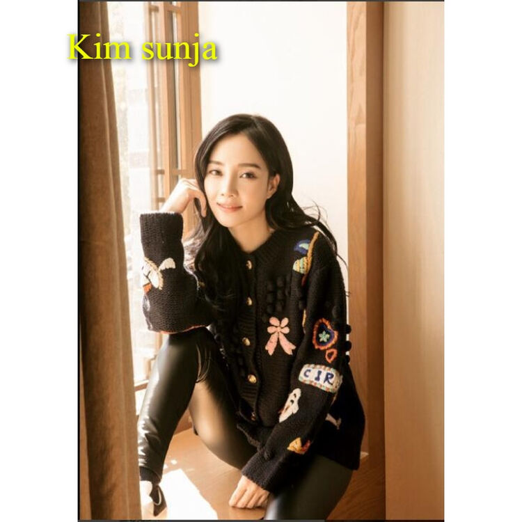kim sunja香港潮牌 2018李小璐同款刺绣针织开衫 秋冬卡通宽松毛衣女