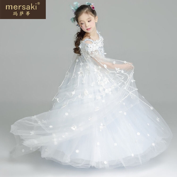 玛萨蒂(mersaki) 蕾丝重工拖地公主裙网纱拖尾连衣裙女童婚纱礼服夏花