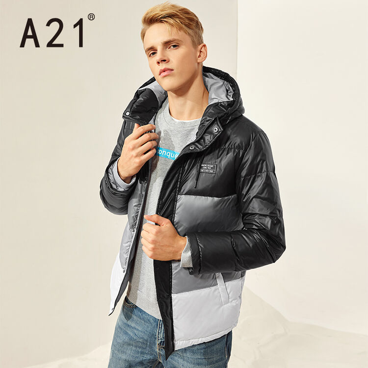 a21以纯线上品牌2017冬季新品拼色连帽羽绒服男 保暖加绒青年外套