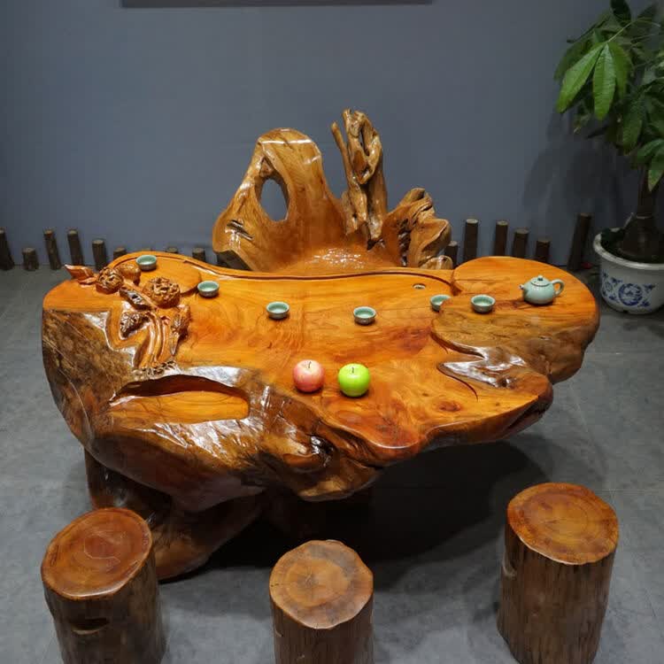 铭篆工艺 花梨木根雕茶几天然整体实木树根茶台原木树头功夫茶台茶桌