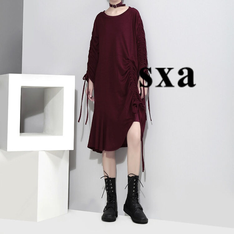 sxa 香港潮牌大码女装连衣裙 2017冬季新款纯色宽松中长裙个性抽绳