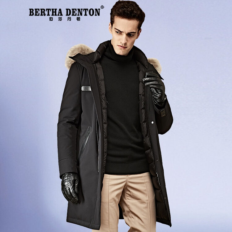 伯莎丹顿品牌2017新款冬装加厚羽绒服中长款商务修身白鹅绒户外休闲连