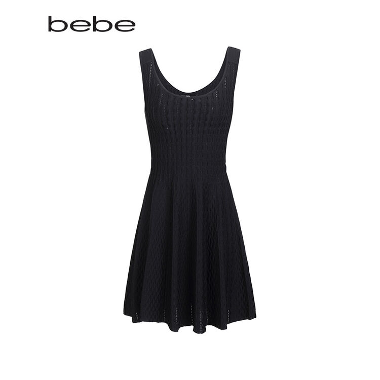 bebe 女士时尚优雅高腰修身背心针织伞裙连衣裙 430904 黑色 s