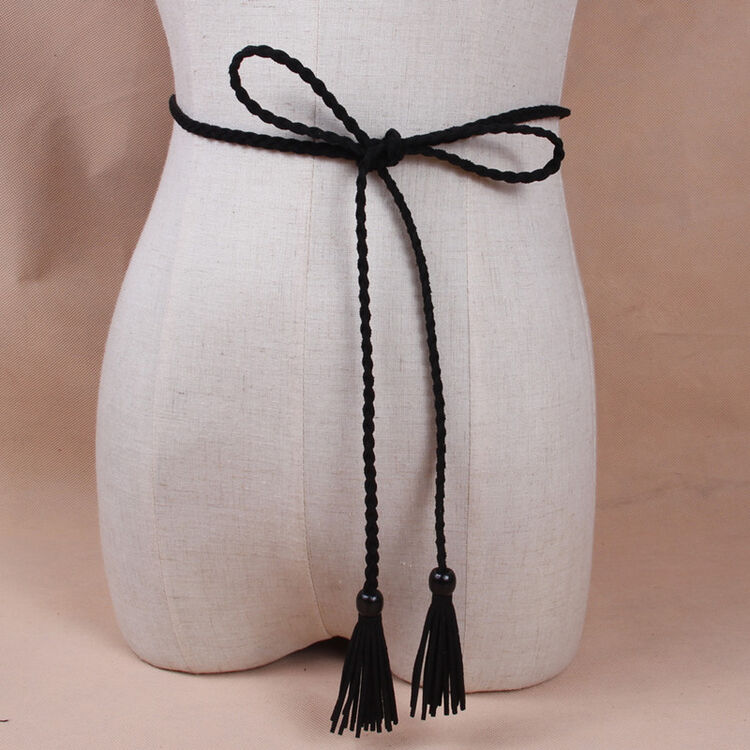 女士装饰腰带连衣裙时尚裙子韩版编织流苏细腰链腰绳 帽带 黑色