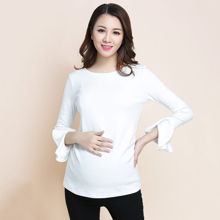 溪水之爱孕妇装春装孕妇上衣t恤长袖宽松春季打底衫421 白色 m