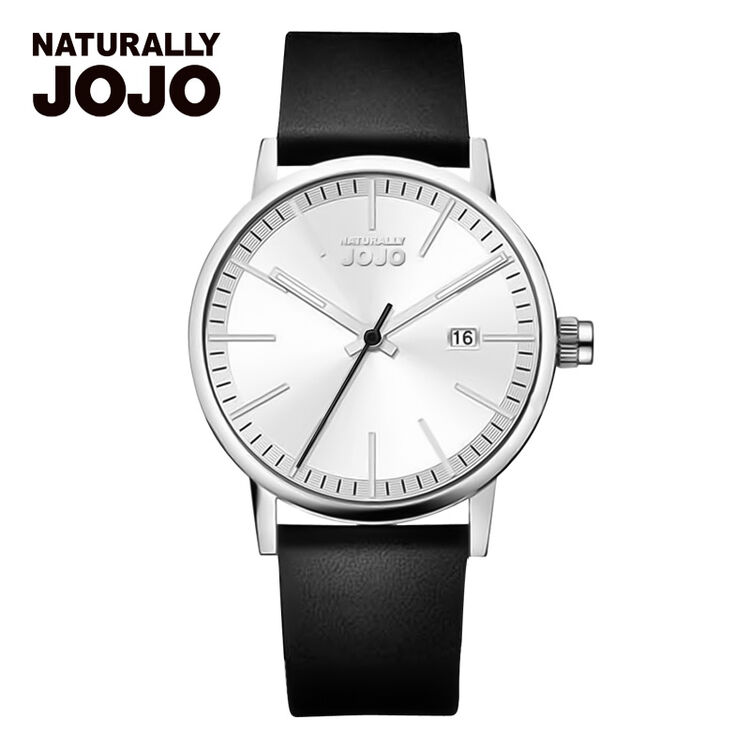 naturally jojo手表 简约时尚皮带男士手表 日历功能石英男表 白色