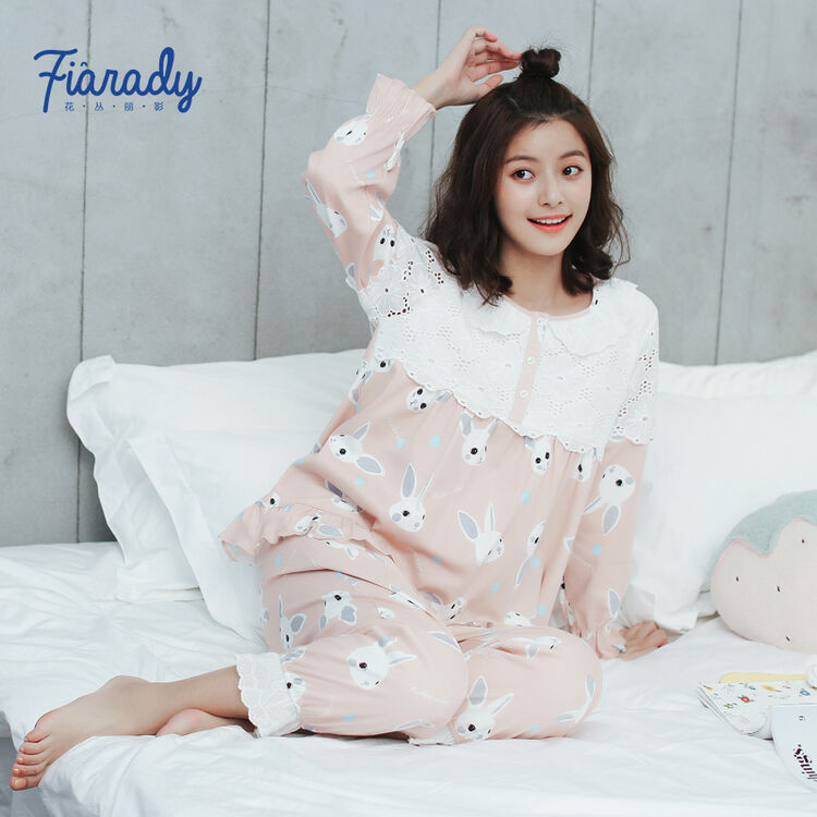 花丛丽影睡衣女秋冬纯棉长袖日系甜美家居服女士套装 粉色72732517 m