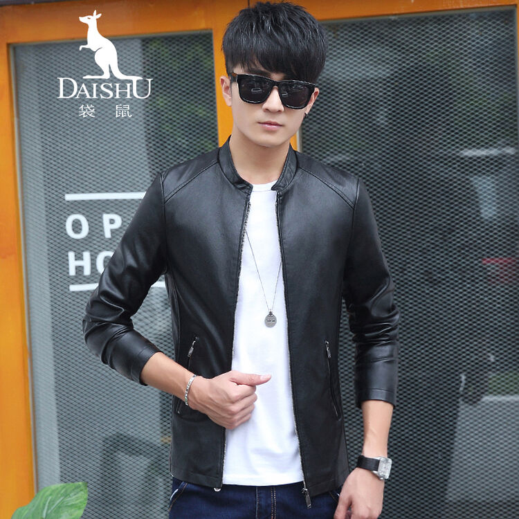袋鼠 夹克男士皮衣修身休闲立领皮夹克男装简约时尚纯色外套 813 黑色