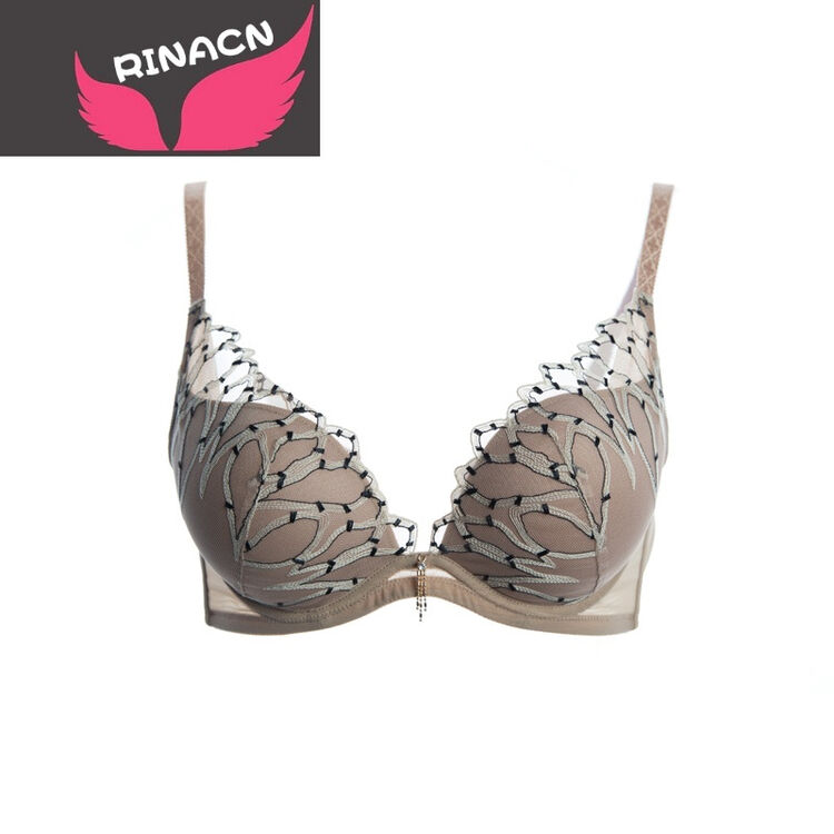 时尚深v聚拢女士内衣文胸刺绣花边厚杯胸罩防下垂 肤色刺绣 75a【图片