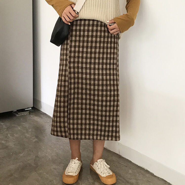 18年新款新款宽松高腰格子开叉呢子半身裙中长裙a字裙长裙女 咖啡格