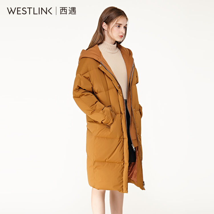 westlink/西遇女装2017冬季新款假两件连帽欧美外套厚面包服中长款