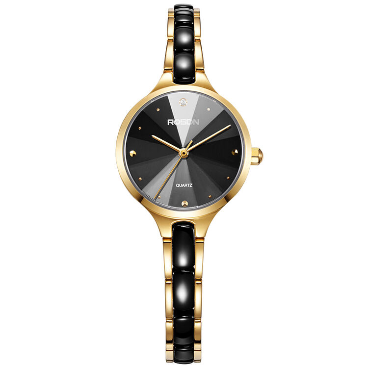劳士顿(rosdn)手表 石英陶瓷时尚钟表简约女士手表间金黑面 l3619s