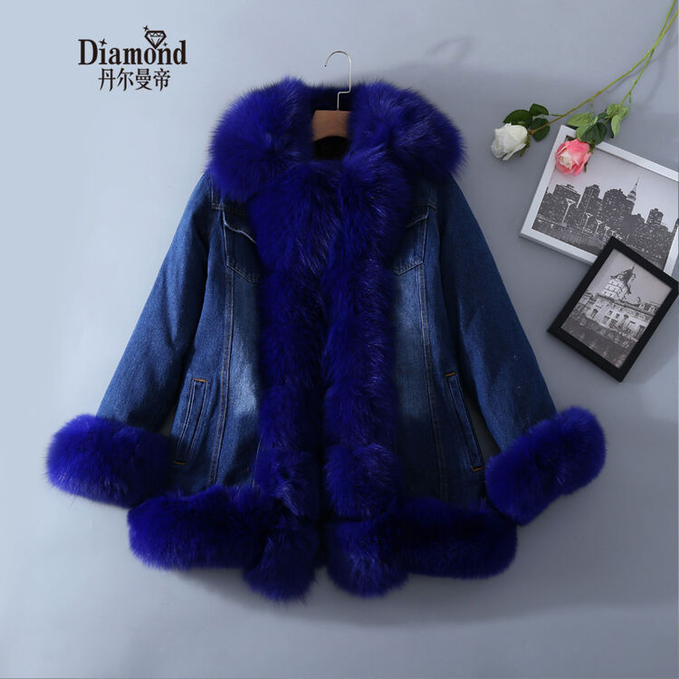 丹尔曼帝 进口狐狸毛貂皮大衣女装加厚牛仔外套217新款 银蓝色 m