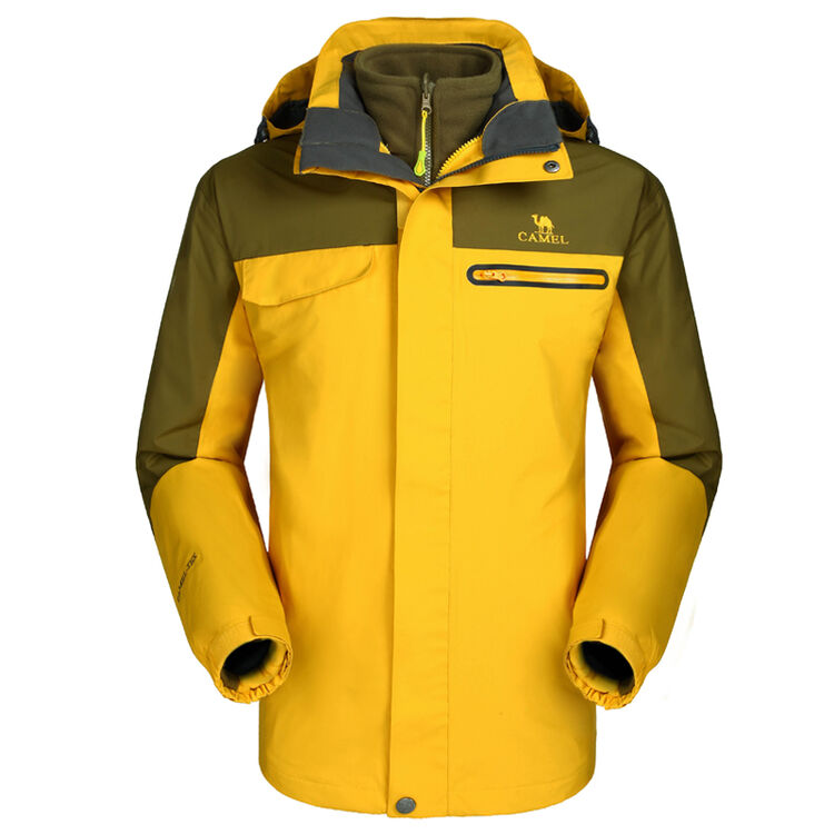 camel骆驼户外男款三合一冲锋衣 秋冬保暖防风防水两件套冲锋衣 明黄