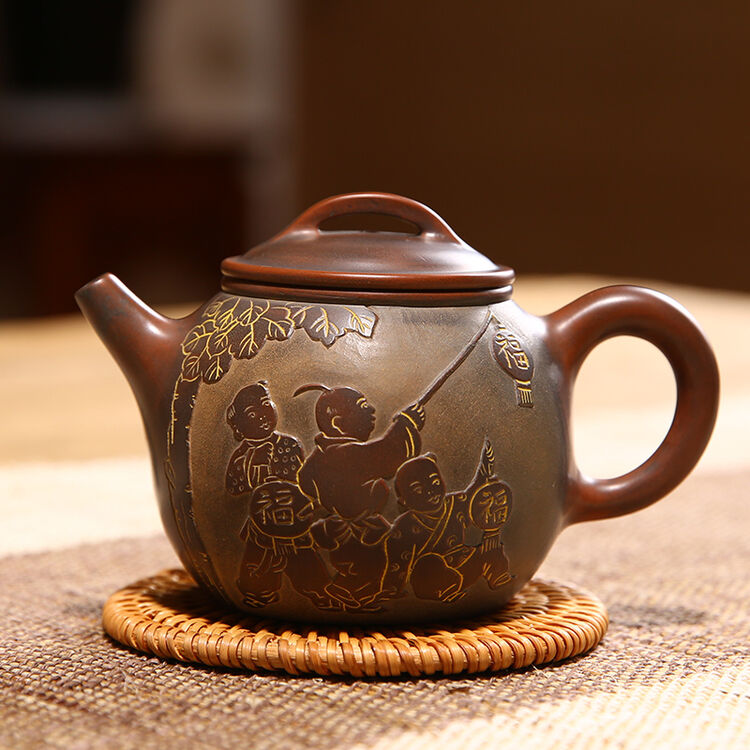 此时此刻 广西钦州坭兴陶茶壶童趣壶 马武宏老师纯全手工浮雕刻绘茶壶