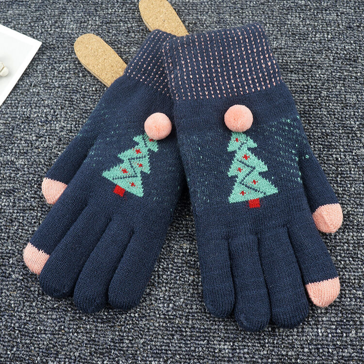 触屏手套加厚保暖针织毛线五指套女冬季防寒防风骑车棉手套学生手套