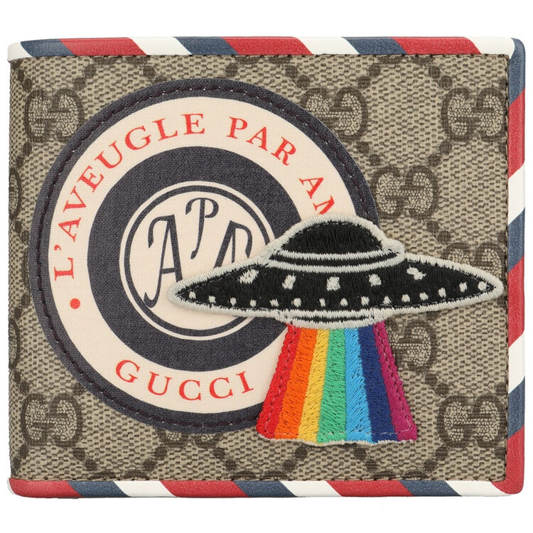 gucci 古驰 男士米色/乌木色彩边人造革时尚贴图短款钱包 473907 k9g