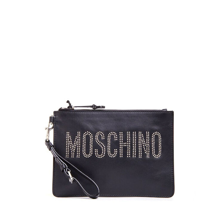 moschino/莫斯奇诺男女同款黑色牛皮logo铆钉拉链手挽方形手包手拿包