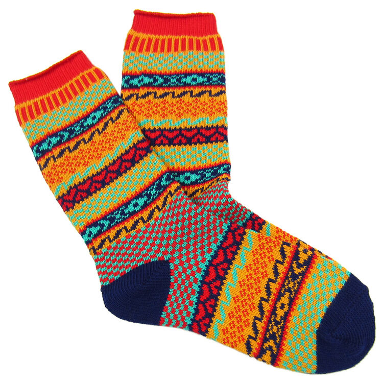 精美图案袜子女 彩线针织中筒棉袜女 竖条纹厚冬季女袜 红色绿黄花纹