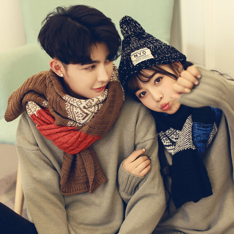 情侣围巾男女冬名族风多边菱形印花毛线保暖长款围脖女 橘色*单条价格